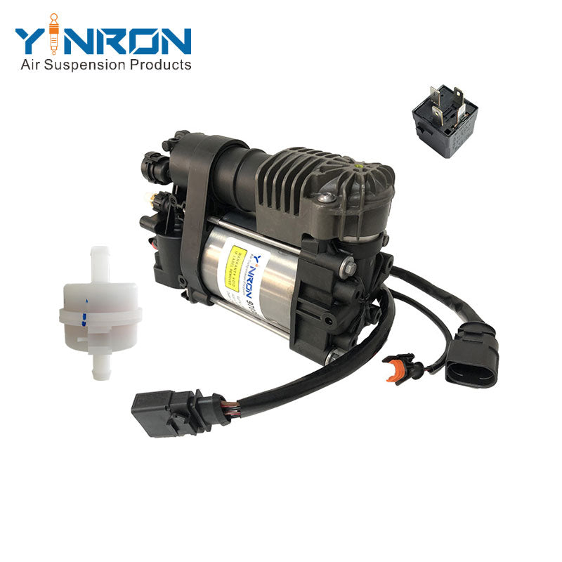 Left front 45 degree view for Porsche Panamera 970 air suspension compressor pump with relay and air filter (97035815107 and 97035815108)