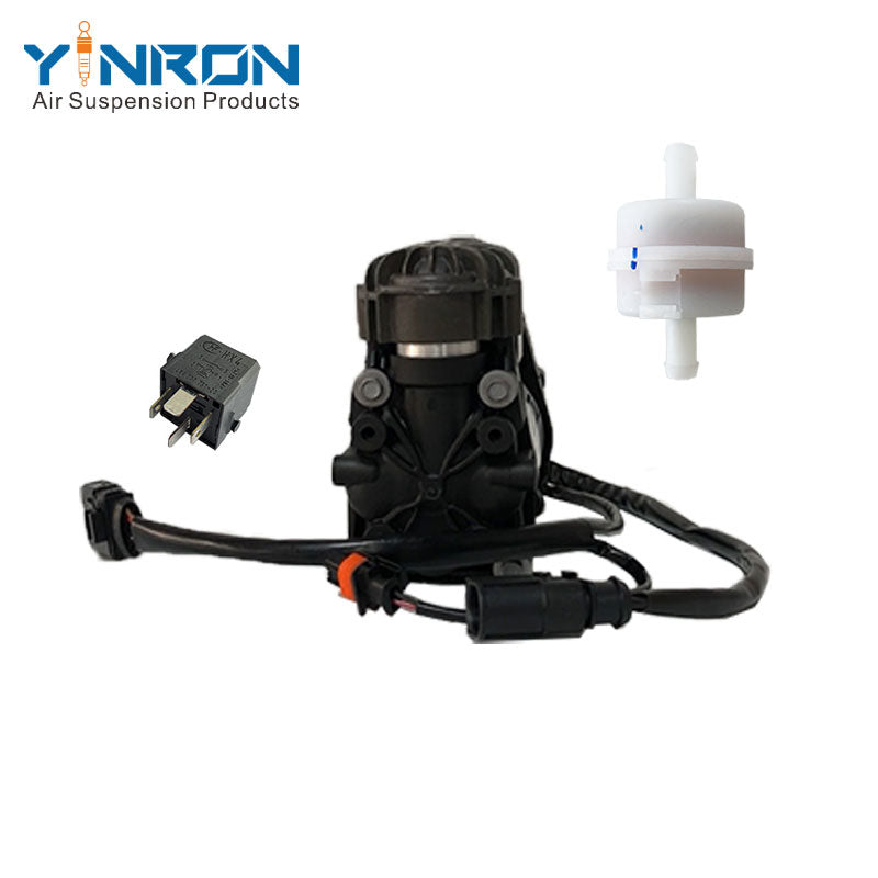 Left rear 45 degree top view for Porsche Panamera 970 air suspension compressor pump with relay and air filter (97035815107 and 97035815108)