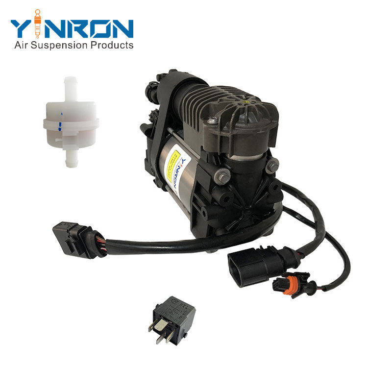 Left side flat view for Porsche Panamera 970 air suspension compressor pump with relay and air filter (97035815107 and 97035815108)