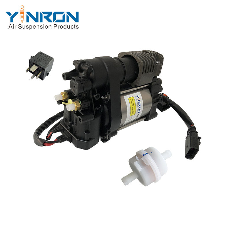 Right front 45 degree view for Porsche Panamera 970 air suspension compressor pump with relay and air filter (97035815107 and 97035815108)