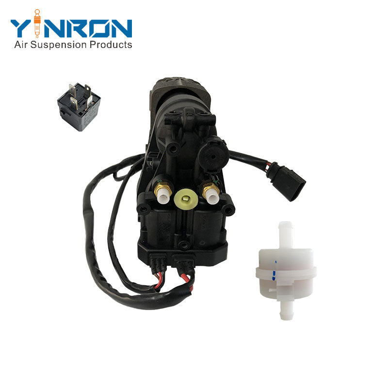 Right side flat view for Porsche Panamera 970 air suspension compressor pump with relay and air filter (97035815107 and 97035815108)