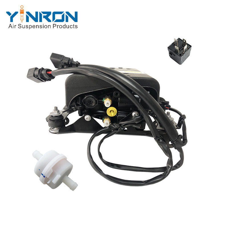 Right rear 45 degree top view for Porsche Panamera 970 air suspension compressor pump assembly with shield complete with relay and air filter (97035815107 and 97035815108)