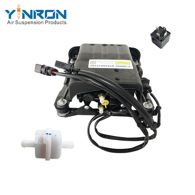 Top view for Porsche Panamera 970 air suspension compressor pump assembly with shield complete with relay and air filter (97035815107 and 97035815108)