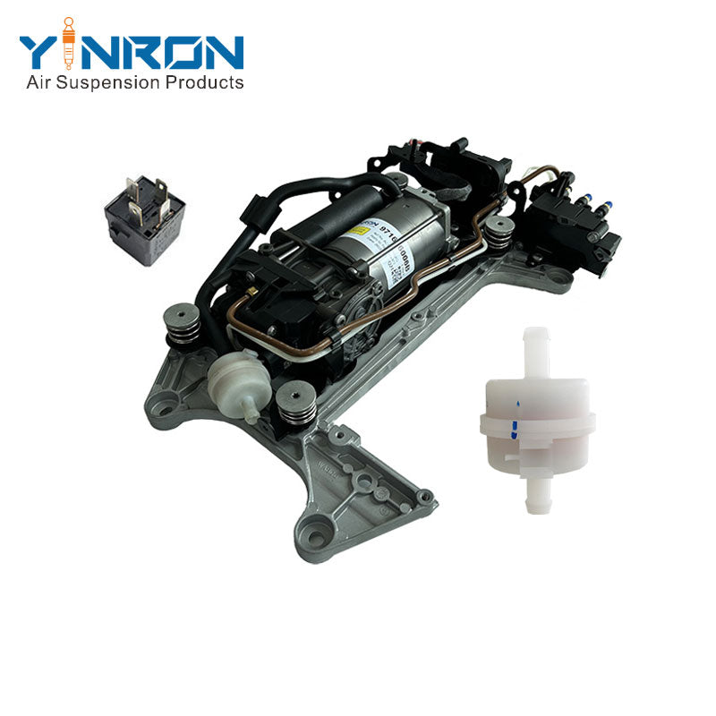 Air filter detail view for Porsche Panamera 971 air suspension compressor pump assembly with relay and air filter and bracket and valve block (971616006B and 971616006E)
