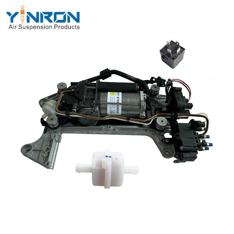 Flat view for Porsche Panamera 971 air suspension compressor pump assembly with relay and air filter and bracket and valve block (971616006B and 971616006E)