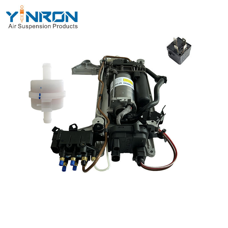 Side detail view for Porsche Panamera 971 air suspension compressor pump assembly with relay and air filter and bracket and valve block (971616006B and 971616006E)