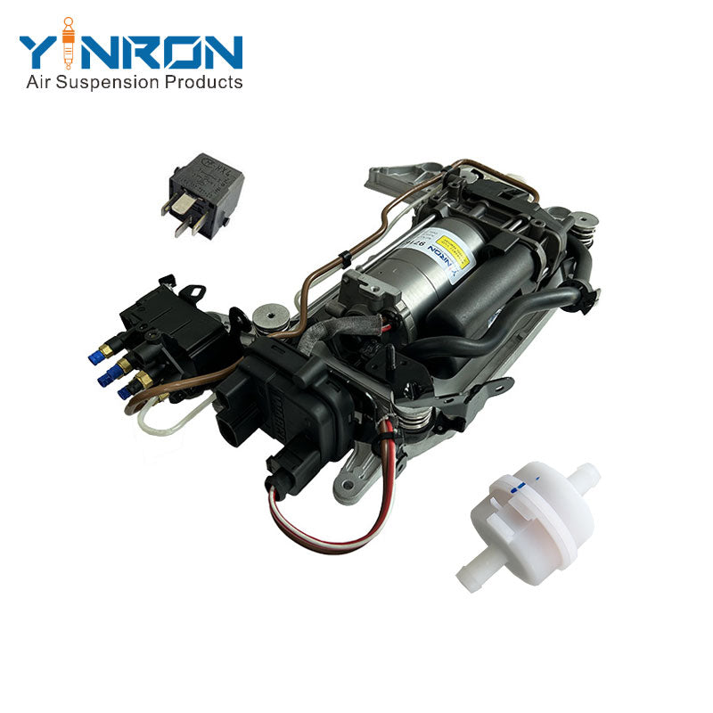 Top detail view for Porsche Panamera 971 air suspension compressor pump assembly with relay and air filter and bracket and valve block (971616006B and 971616006E)