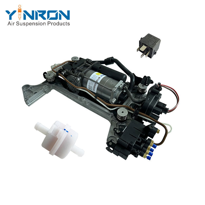 Top down view for Porsche Panamera 971 air suspension compressor pump assembly with relay and air filter and bracket and valve block (971616006B and 971616006E)