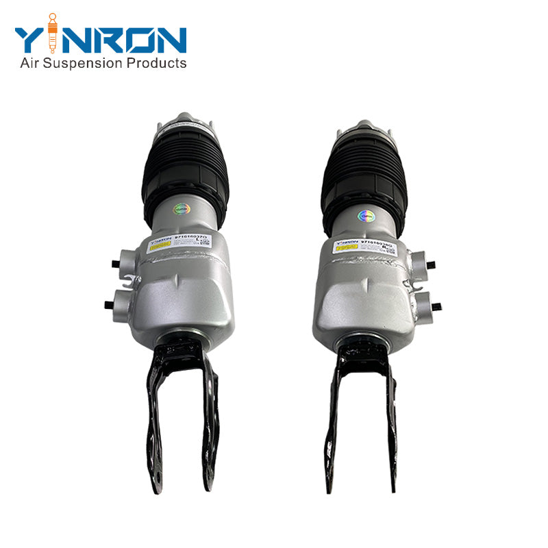 Flat pair view of front left & right PASM air suspension struts for Porsche Panamera 971 OEM 971616037G and 971616038G