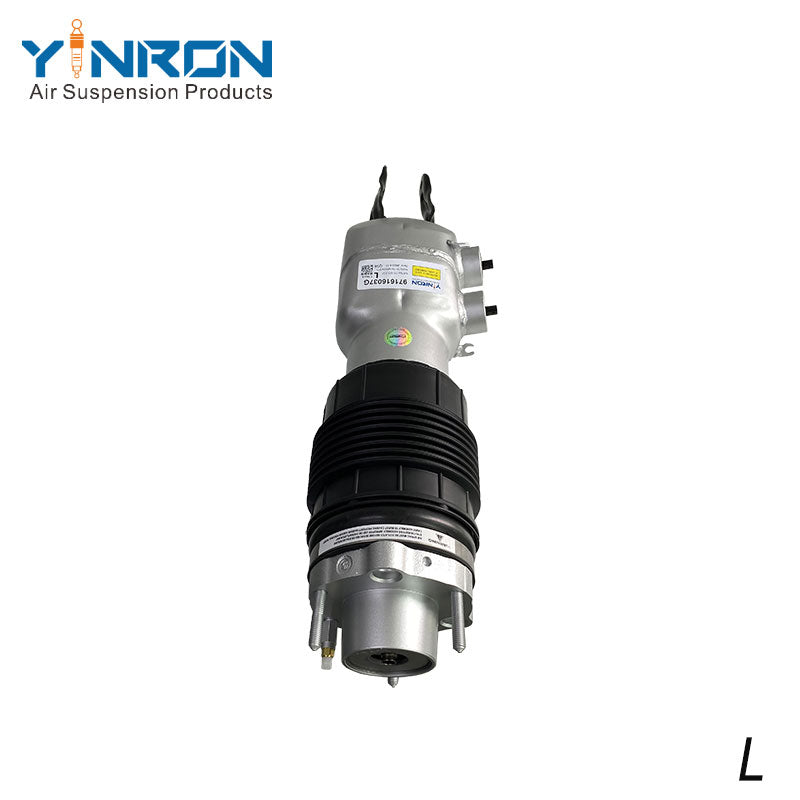 Flat front view of Porsche Panamera 971 front left air suspension strut with PASM active damping, OEM 971616037G