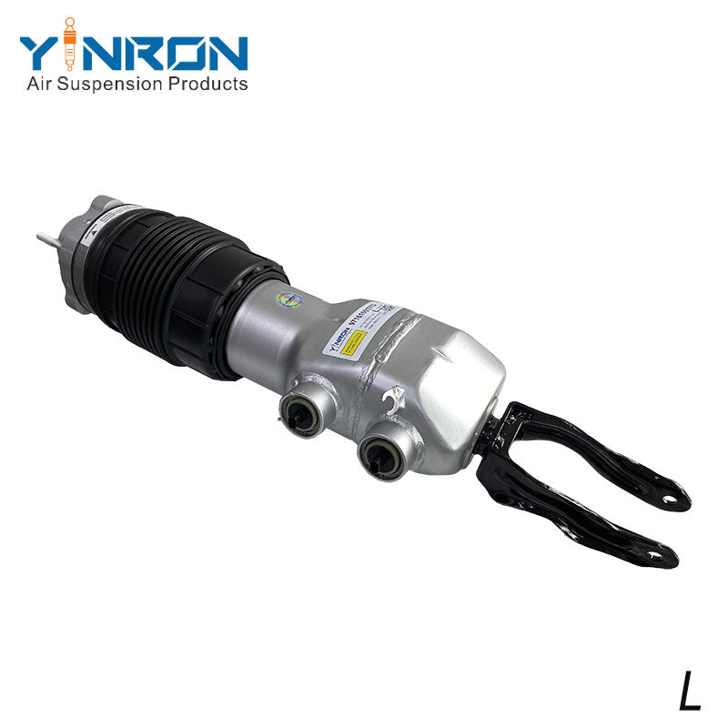 Side profile view of Porsche Panamera 971 front left air suspension strut with PASM damping OEM 971616037G