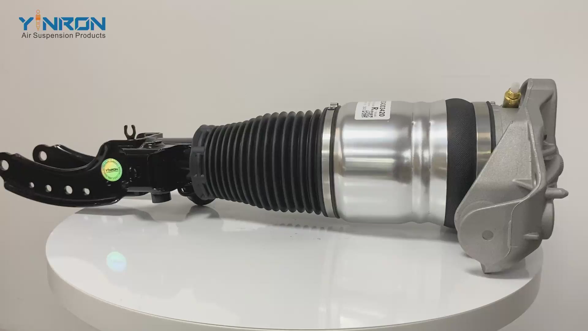 360-degree rotation of YINRON Porsche Cayenne 955 front Right air strut with PASM, showcasing the solenoid valve and OES quality.