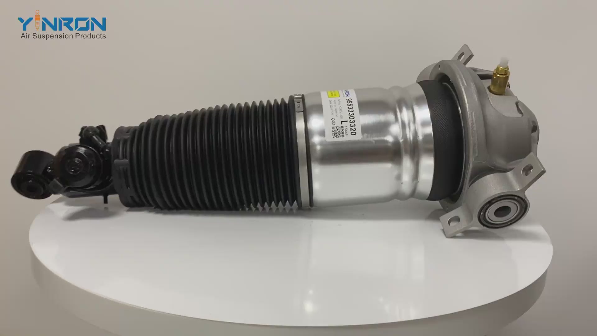 360-degree rotating display video of Left Air Suspension Strut for Porsche Cayenne I 955 (2002-2010) with PASM Active Damping, OE 95533303320 & 95533303420

