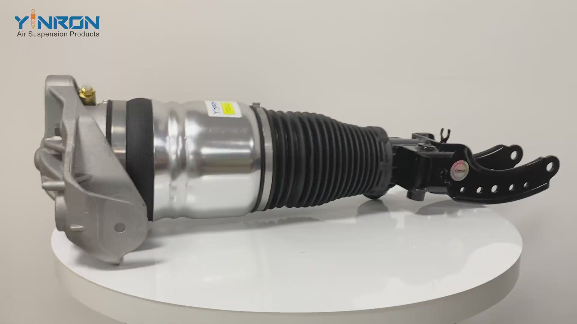 360-degree rotation of YINRON Porsche Cayenne 955 front Left air strut with PASM, showcasing the solenoid valve and OES quality.