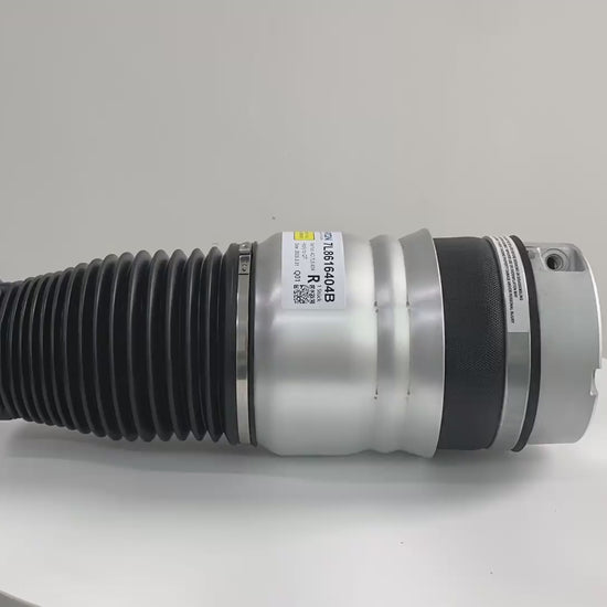 Product showcase and 360-degree rotation of Porsche Cayenne 955 front air suspension spring (95535840400) showing installation details.
