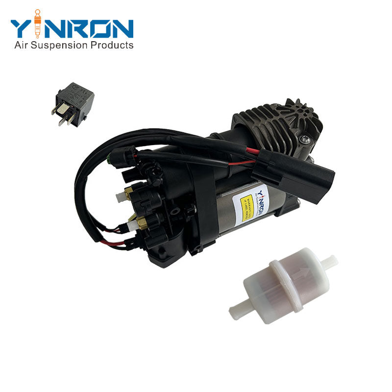 Right front 45 degree view for Tesla Model S 5YJS air suspension compressor pump with relay and air filter (600640300A and 6006403-00-A)
