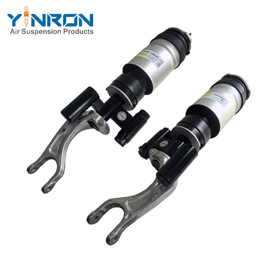 Full front view for Tesla Model S Raven ASD (2019-2022) front left and front right air suspension strut pair (1066361-00-D 106636100D and 1066366-00-D 106636600D)