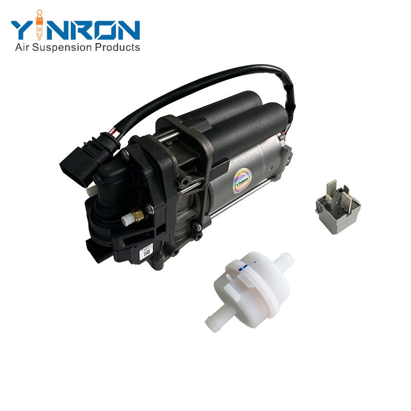 Right rear 45 degree top view for Tesla Model X 5YJX air suspension compressor pump with relay and air filter (1027911-00-H and 4154065000)