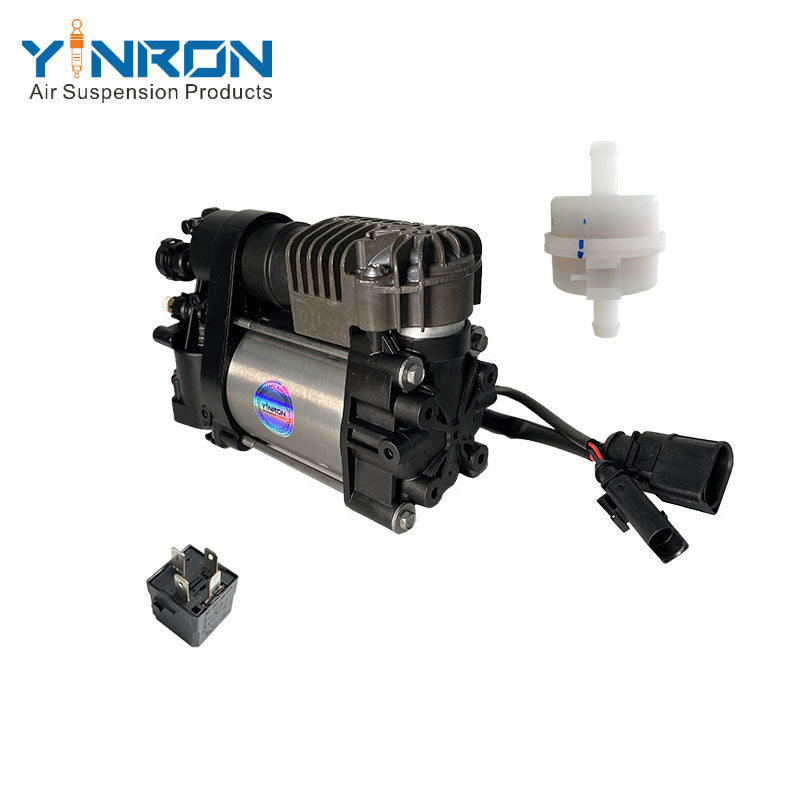 Right rear 45 degree top view for Volkswagen Touareg II 7P air suspension compressor pump with relay and air filter (7P0698007 and 7P0698007A)