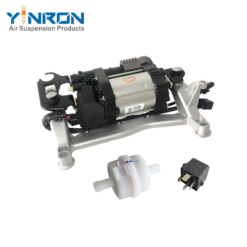 Bottom detail view for Volkswagen Touareg II 7P air suspension compressor pump with bracket with relay and air filter (7P0698007 and 7P0698007A)