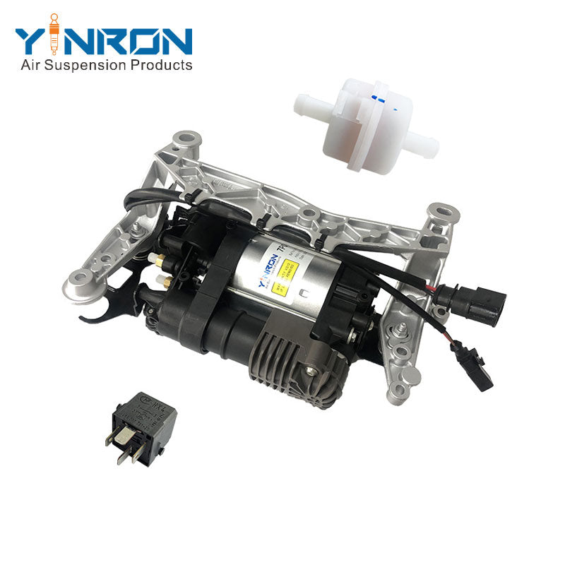 Side top view for Volkswagen Touareg II 7P air suspension compressor pump with bracket with relay and air filter (7P0698007 and 7P0698007A)