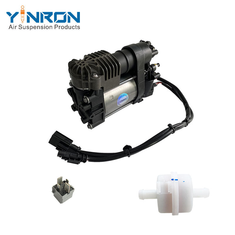 Close-up detail view of Volvo 31360720 air compressor pump focusing on relay module and air filter structure